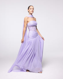 Calliope Lavender Ruched Embroidered Gown, front view | Helen of Troy SS27 | Maison MOOEi