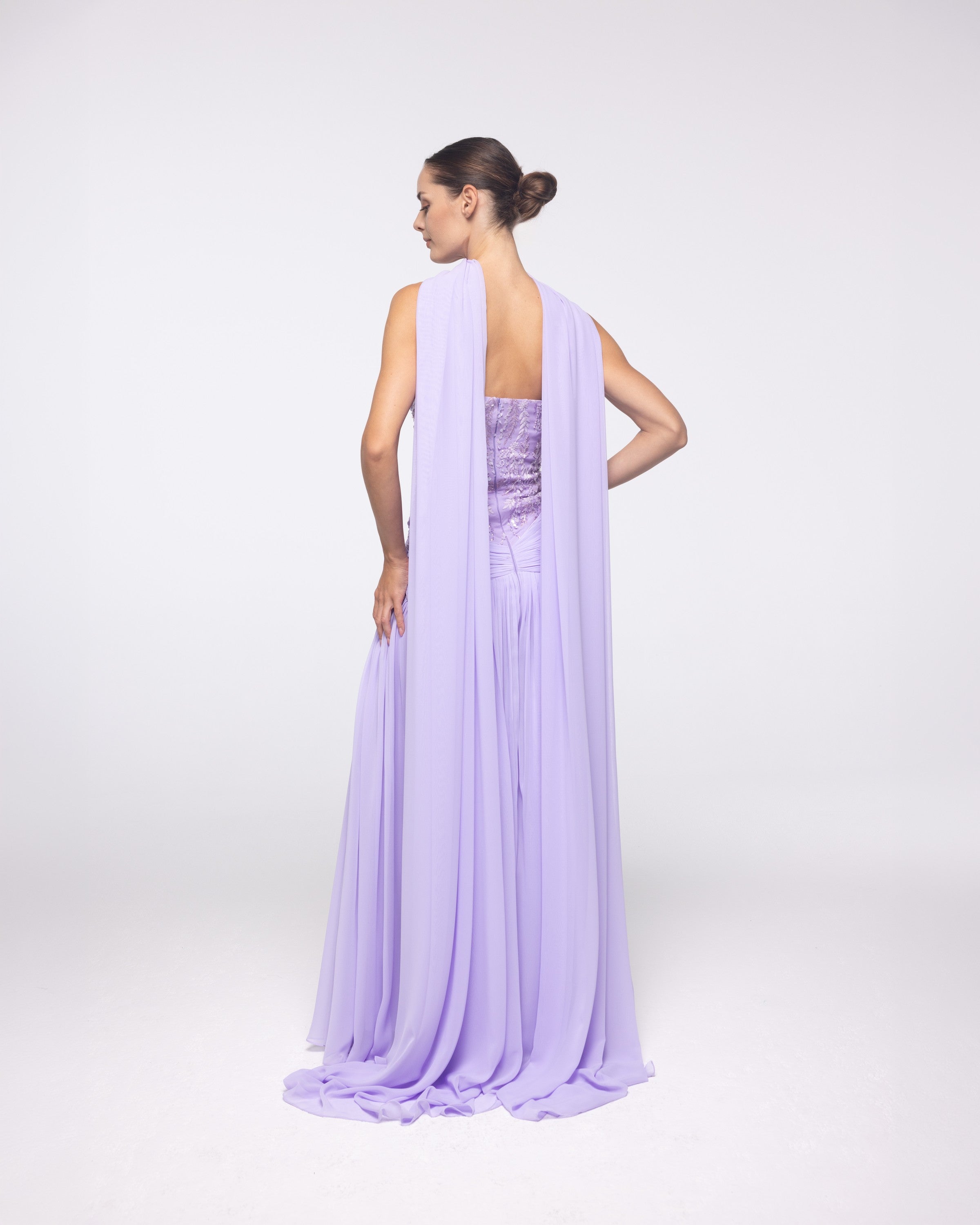 Calliope Lavender Ruched Embroidered Gown, back view | Helen of Troy SS27 | Maison MOOEi