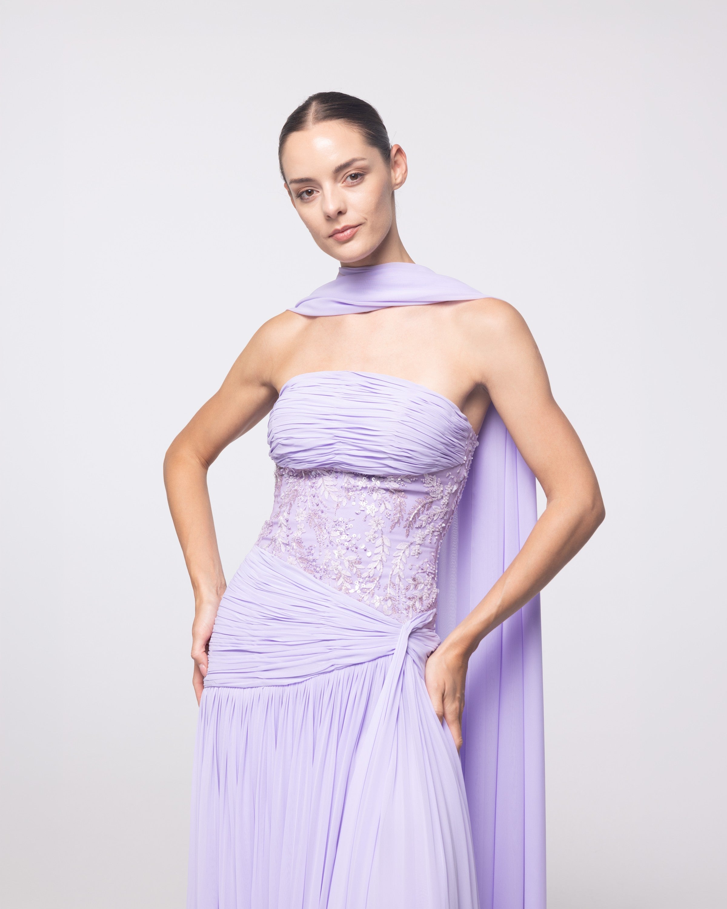 Calliope Lavender Ruched Embroidered Gown, close up detail | Helen of Troy SS27 | Maison MOOEi