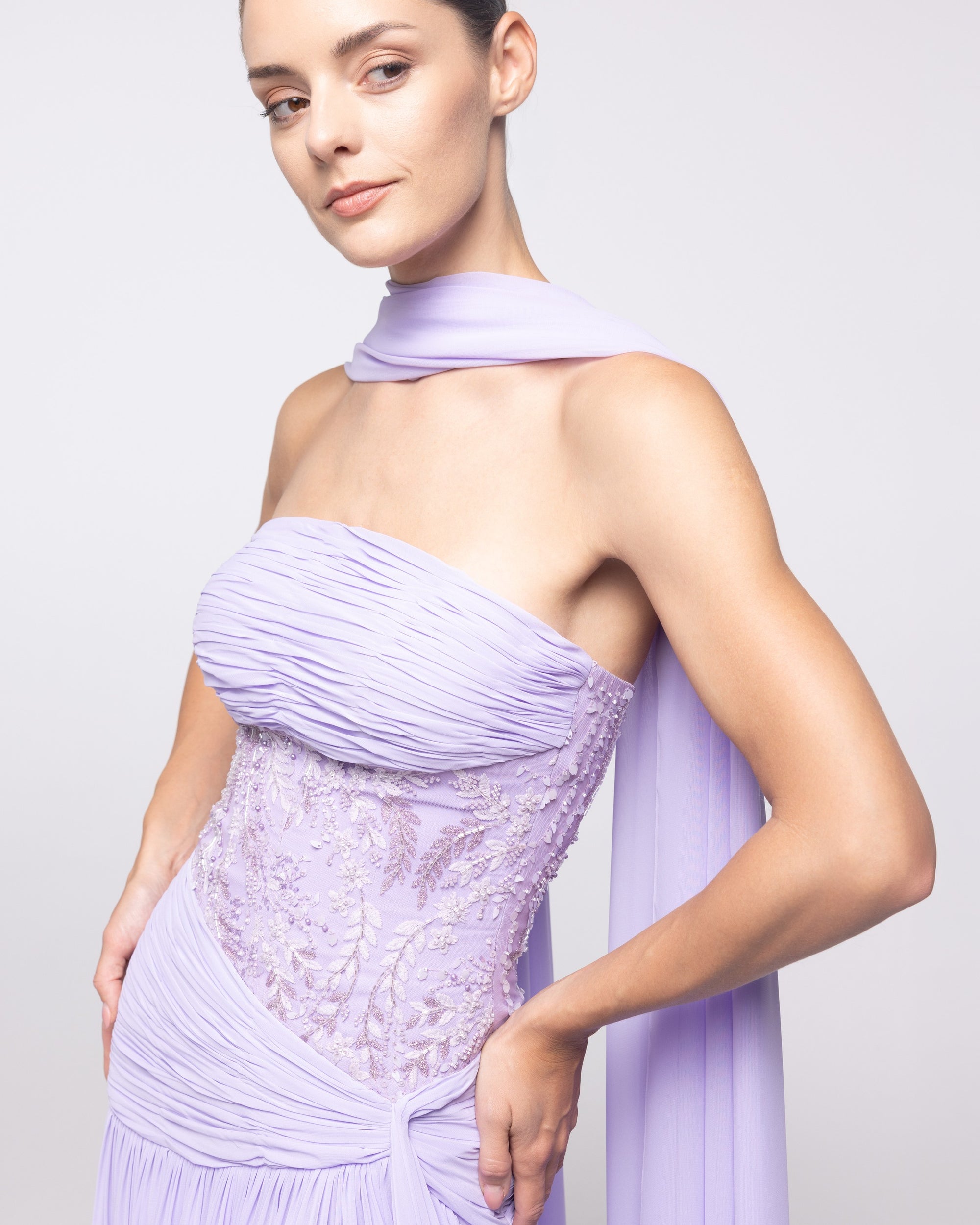 Calliope Lavender Ruched Embroidered Gown, close up detail | Helen of Troy SS27 | Maison MOOEi