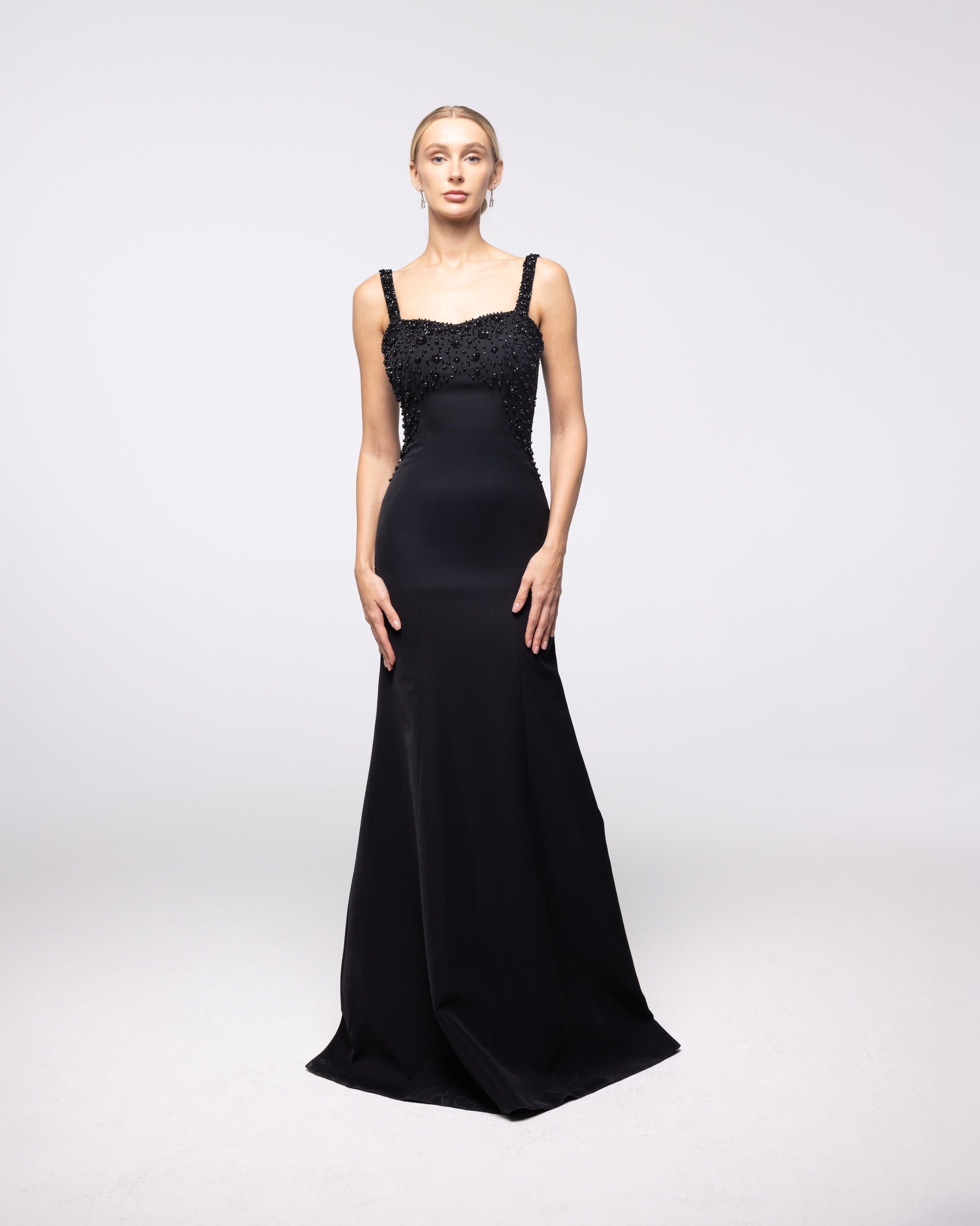 Sovereign Black Beaded Organza Stole Gown, front view | Helen of Troy SS27 | Maison MOOEi