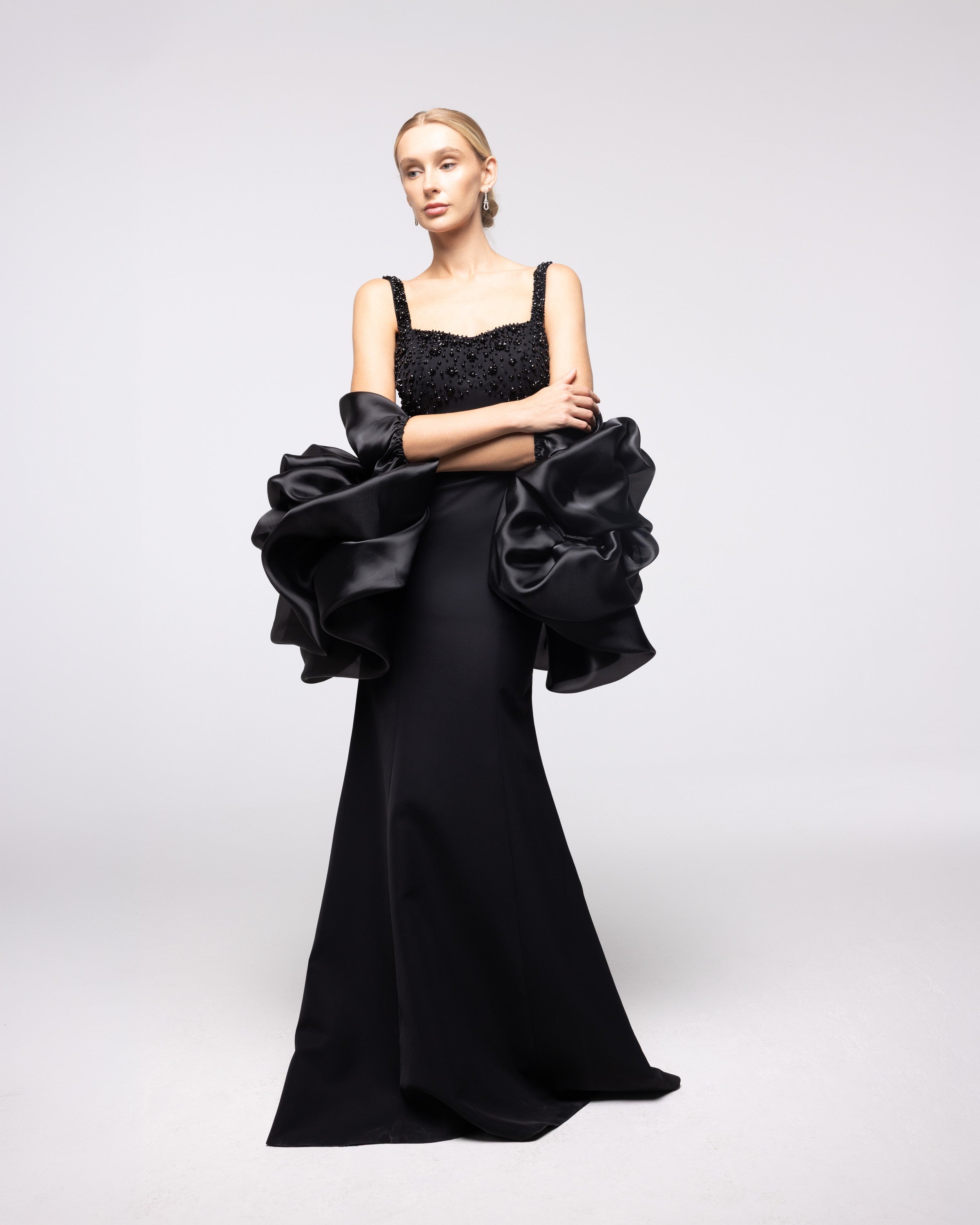 Sovereign Black Beaded Organza Stole Gown, front view | Helen of Troy SS27 | Maison MOOEi