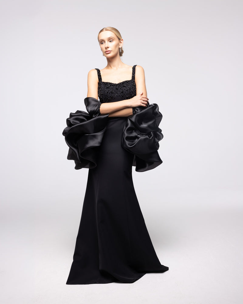 Artemis Black Beaded Organza Stole Gown, front view | Helen of Troy SS27 | Maison MOOEi