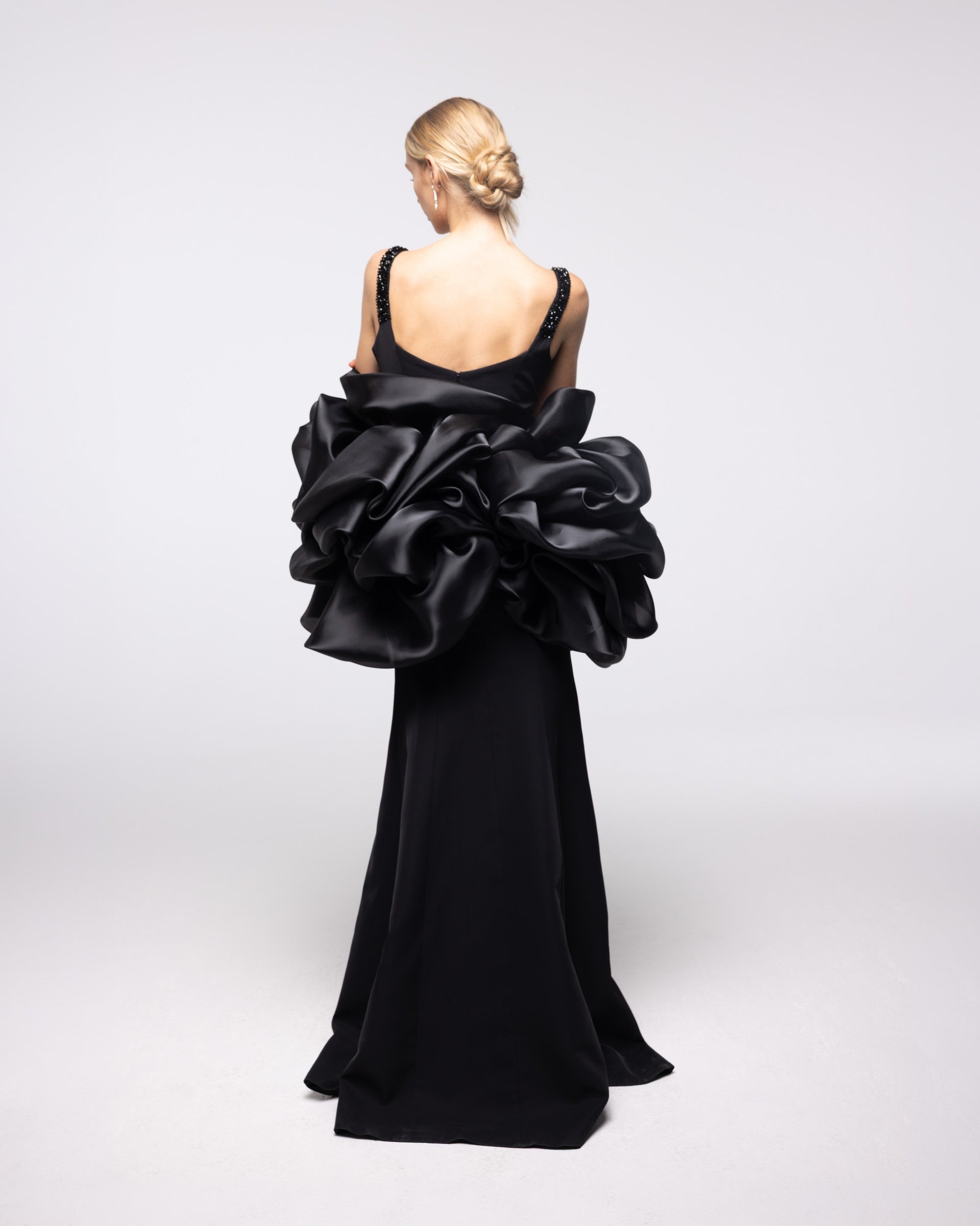 Sovereign Black Beaded Organza Stole Gown, back view | Helen of Troy SS27 | Maison MOOEi