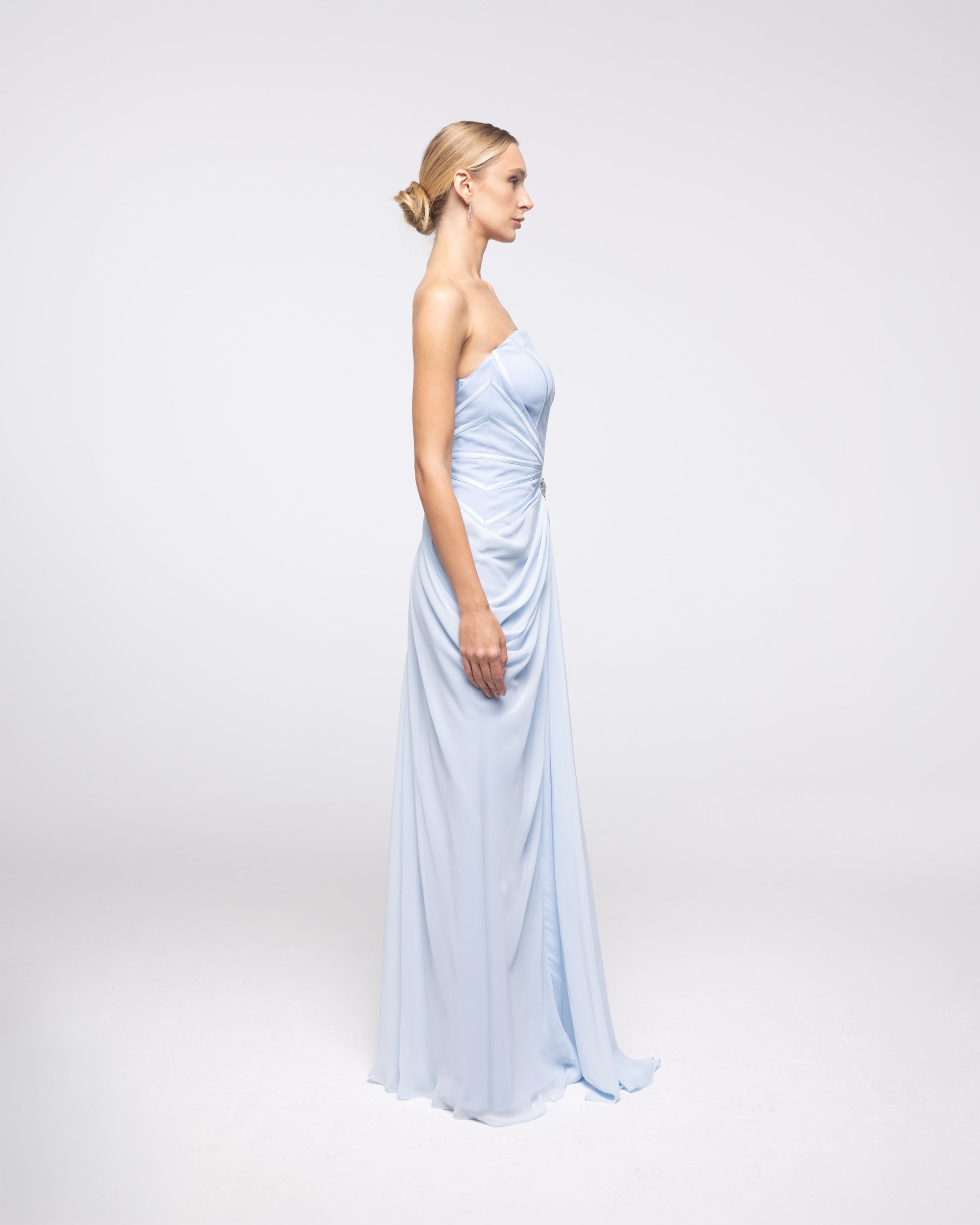 Thalassa Powder Blue Strapless Corset Gown, side view | Helen of Troy SS27 | Maison MOOEi