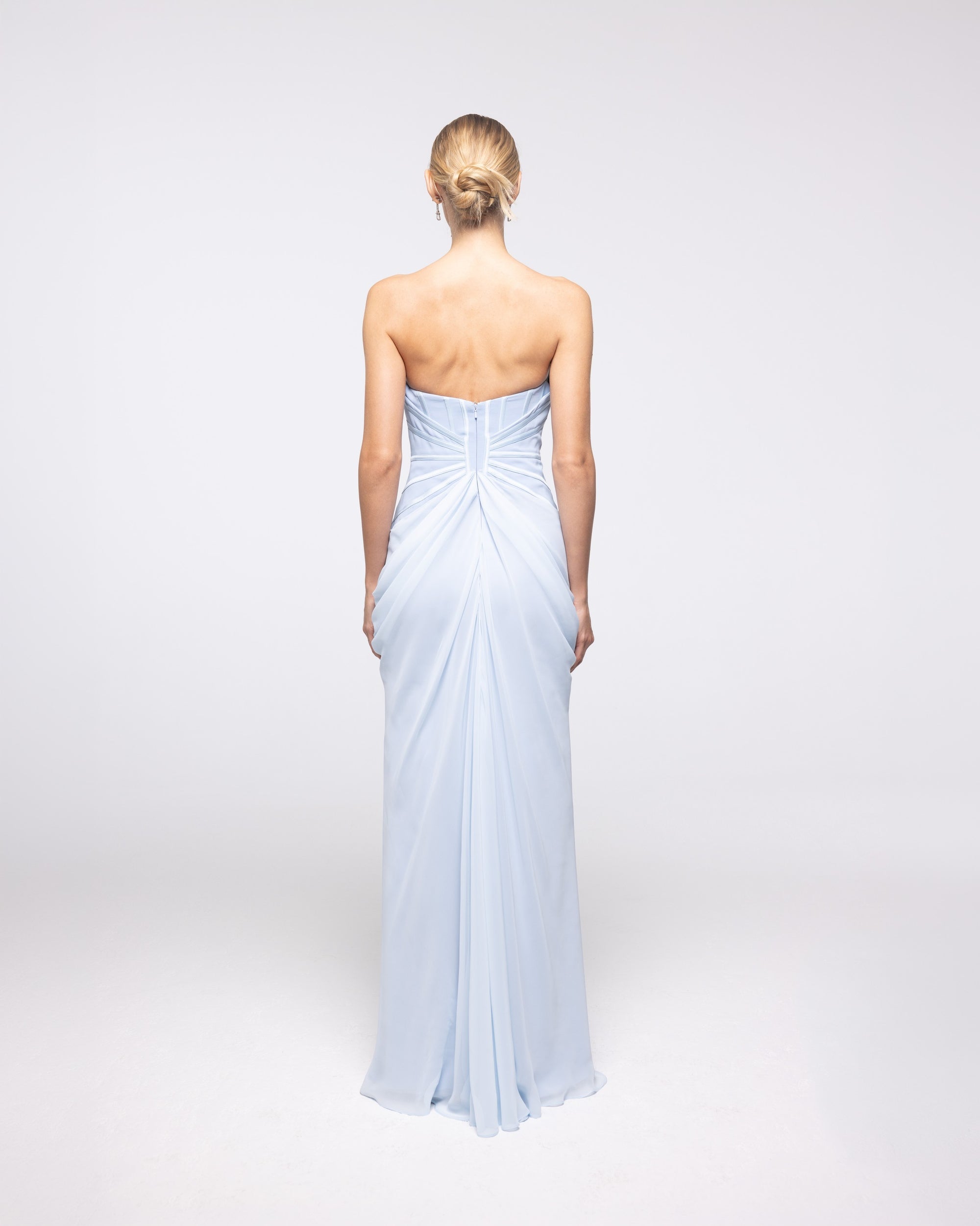 Thalassa Powder Blue Strapless Corset Gown, back view | Helen of Troy SS27 | Maison MOOEi