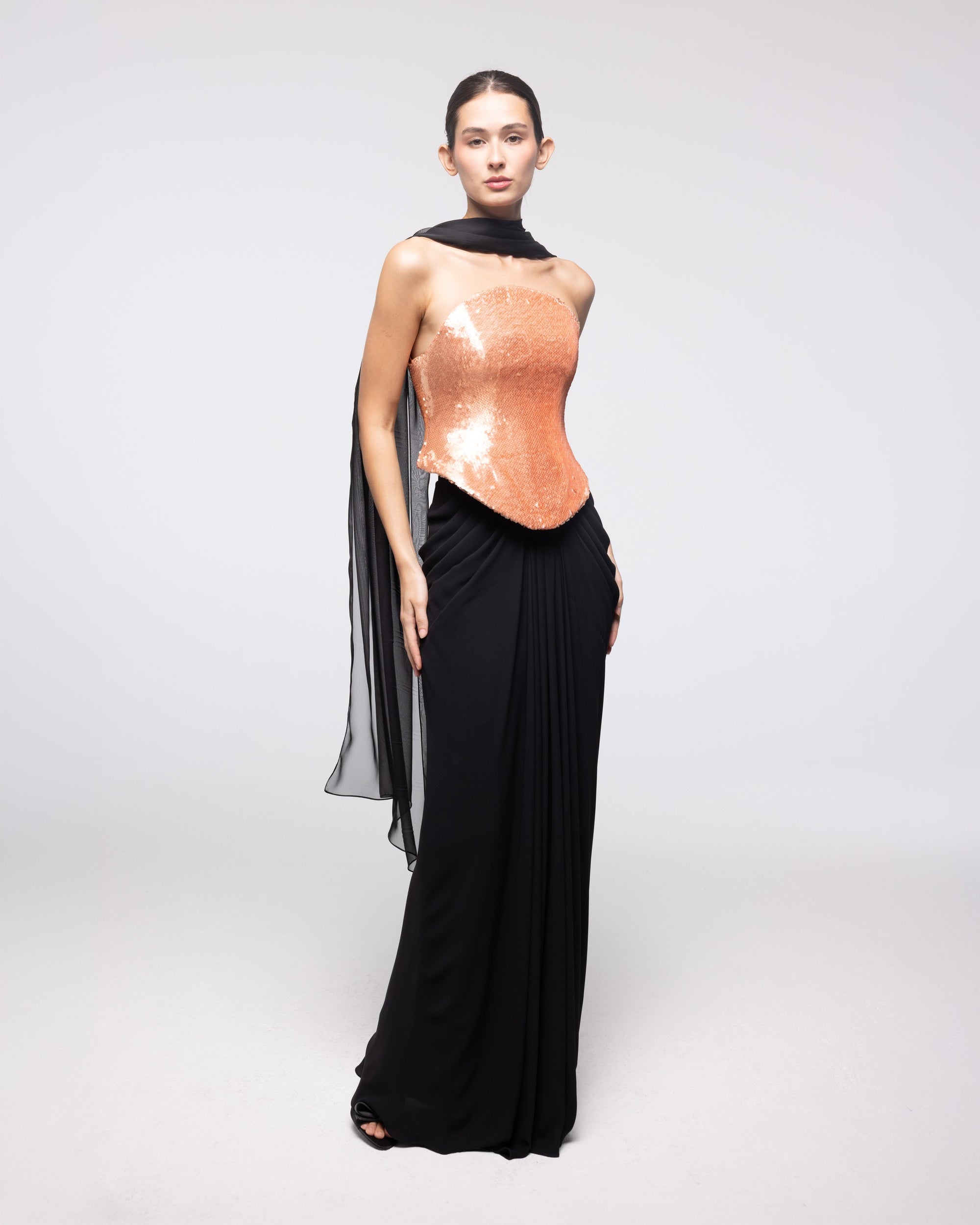 Andromeda Black Coral Sequin Corset Gown, front view | Helen of Troy SS27 | Maison MOOEi