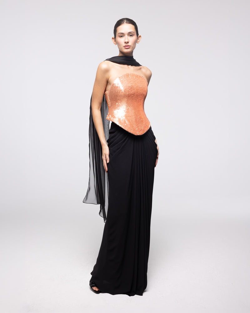 Andromeda Black Coral Sequin Corset Gown, front view | Helen of Troy SS27 | Maison MOOEi