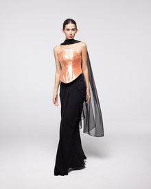 Andromeda Black Coral Sequin Corset Gown, front view | Helen of Troy SS27 | Maison MOOEi