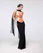 Andromeda Black Coral Sequin Corset Gown, side view | Helen of Troy SS27 | Maison MOOEi