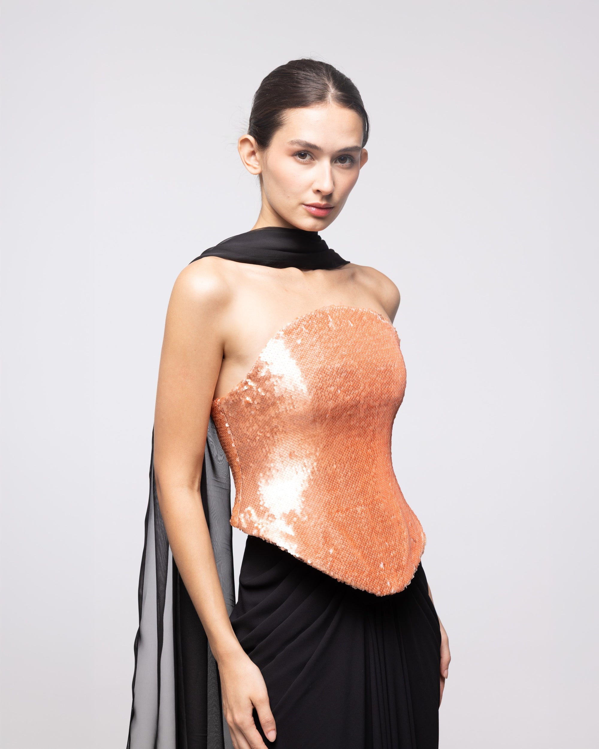 Andromeda Black Coral Sequin Corset Gown, close up detail | Helen of Troy SS27 | Maison MOOEi