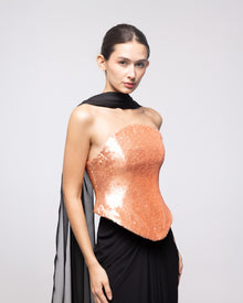 Andromeda Black Coral Sequin Corset Gown, close up detail | Helen of Troy SS27 | Maison MOOEi
