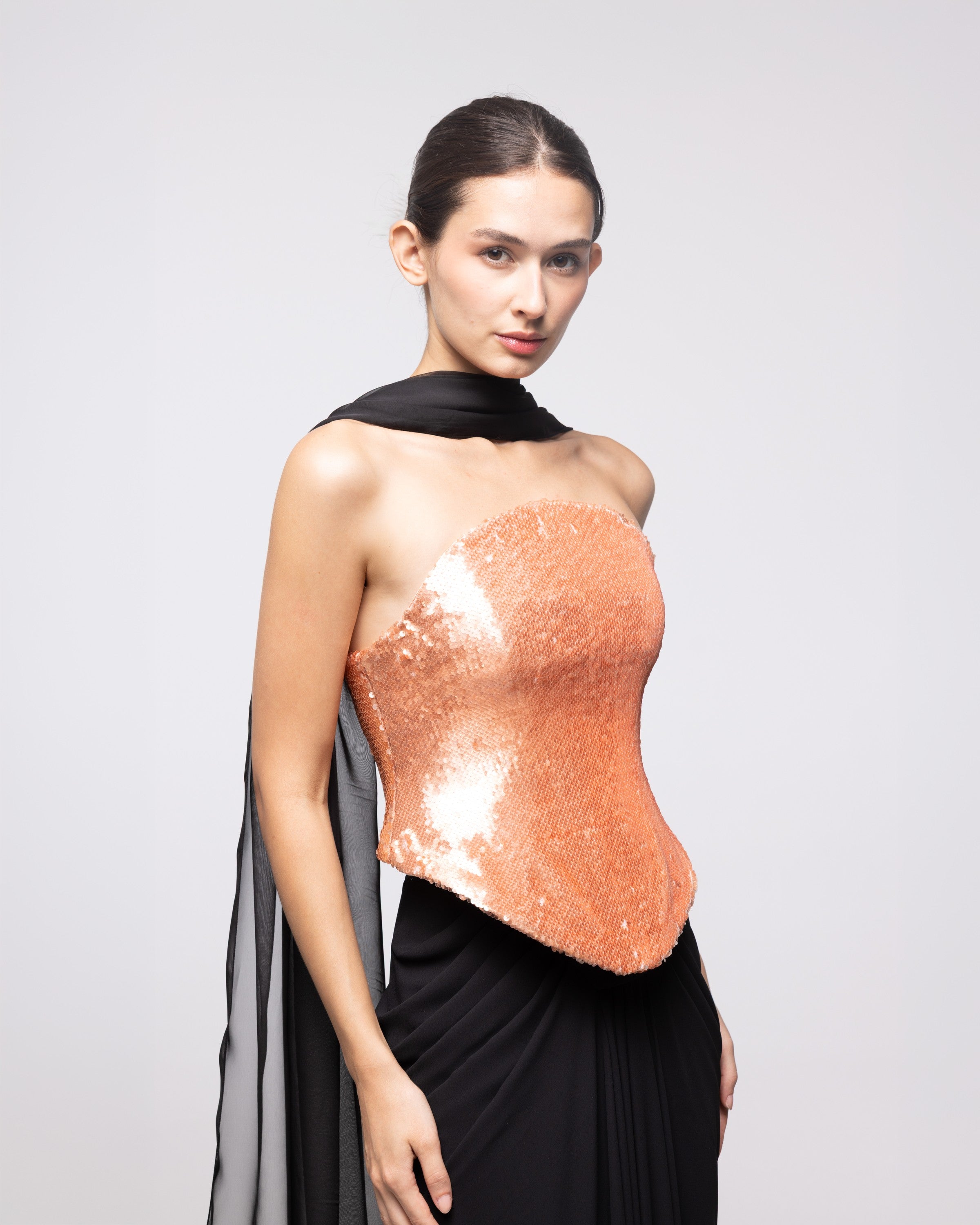 Andromeda Black Coral Sequin Corset Gown, close up detail | Helen of Troy SS27 | Maison MOOEi