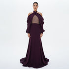 Vesper Plum Draped Halter Shimmer Bodice Gown, front view | Helen of Troy SS27 | Maison MOOEi