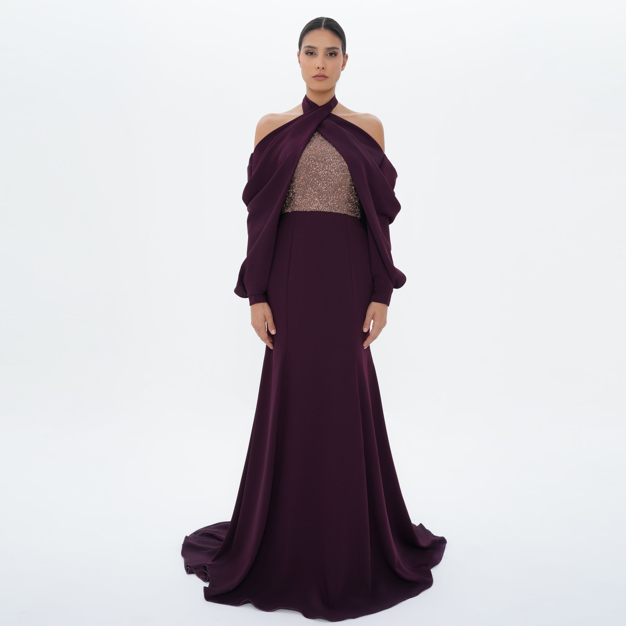 Vesper Plum Draped Halter Shimmer Bodice Gown, front view | Helen of Troy SS27 | Maison MOOEi