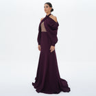 Vesper Plum Draped Halter Shimmer Bodice Gown, front view | Helen of Troy SS27 | Maison MOOEi