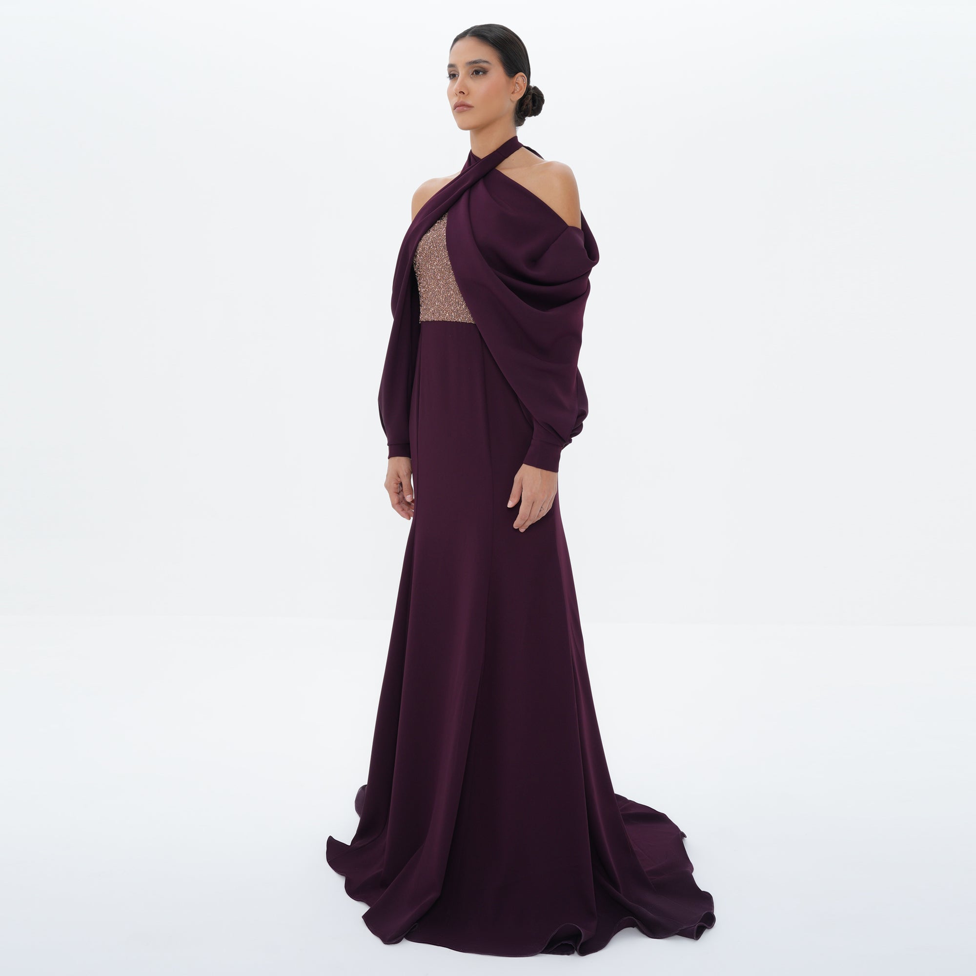 Vesper Plum Draped Halter Shimmer Bodice Gown, front view | Helen of Troy SS27 | Maison MOOEi