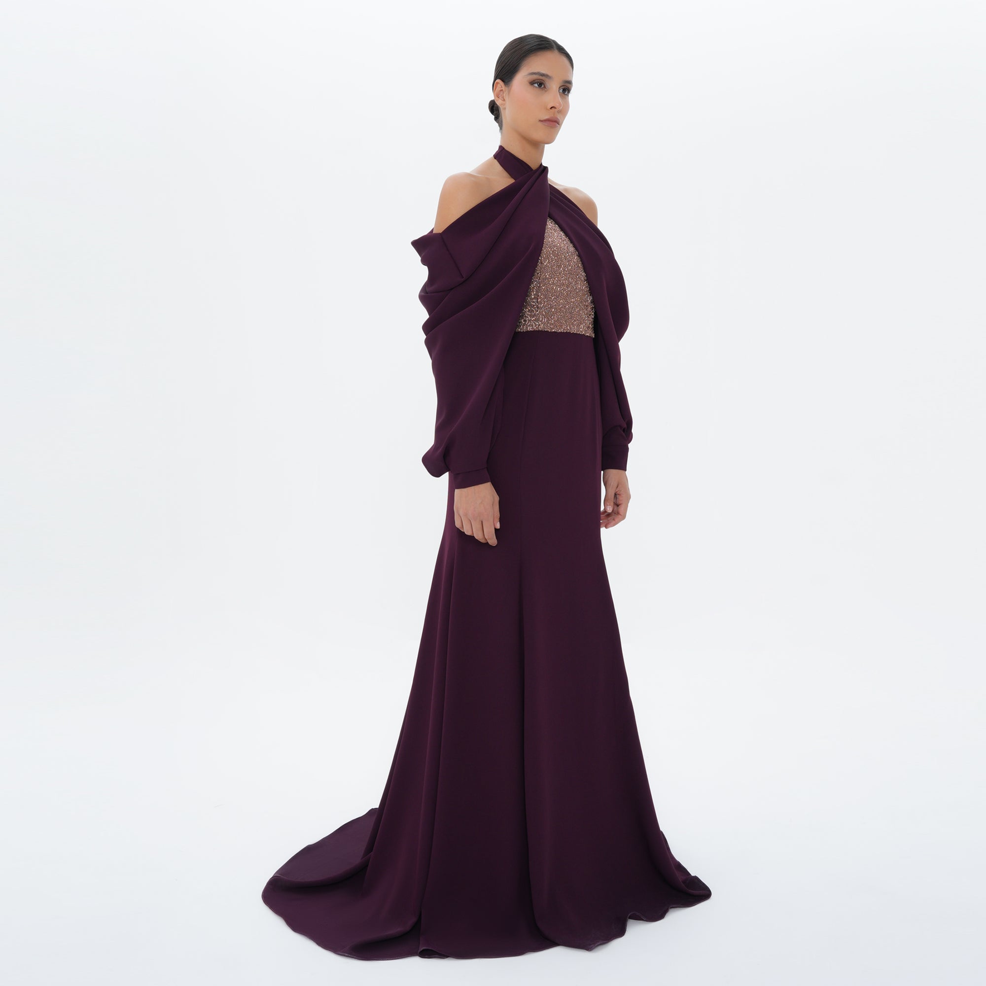 Vesper Plum Draped Halter Shimmer Bodice Gown, front view | Helen of Troy SS27 | Maison MOOEi