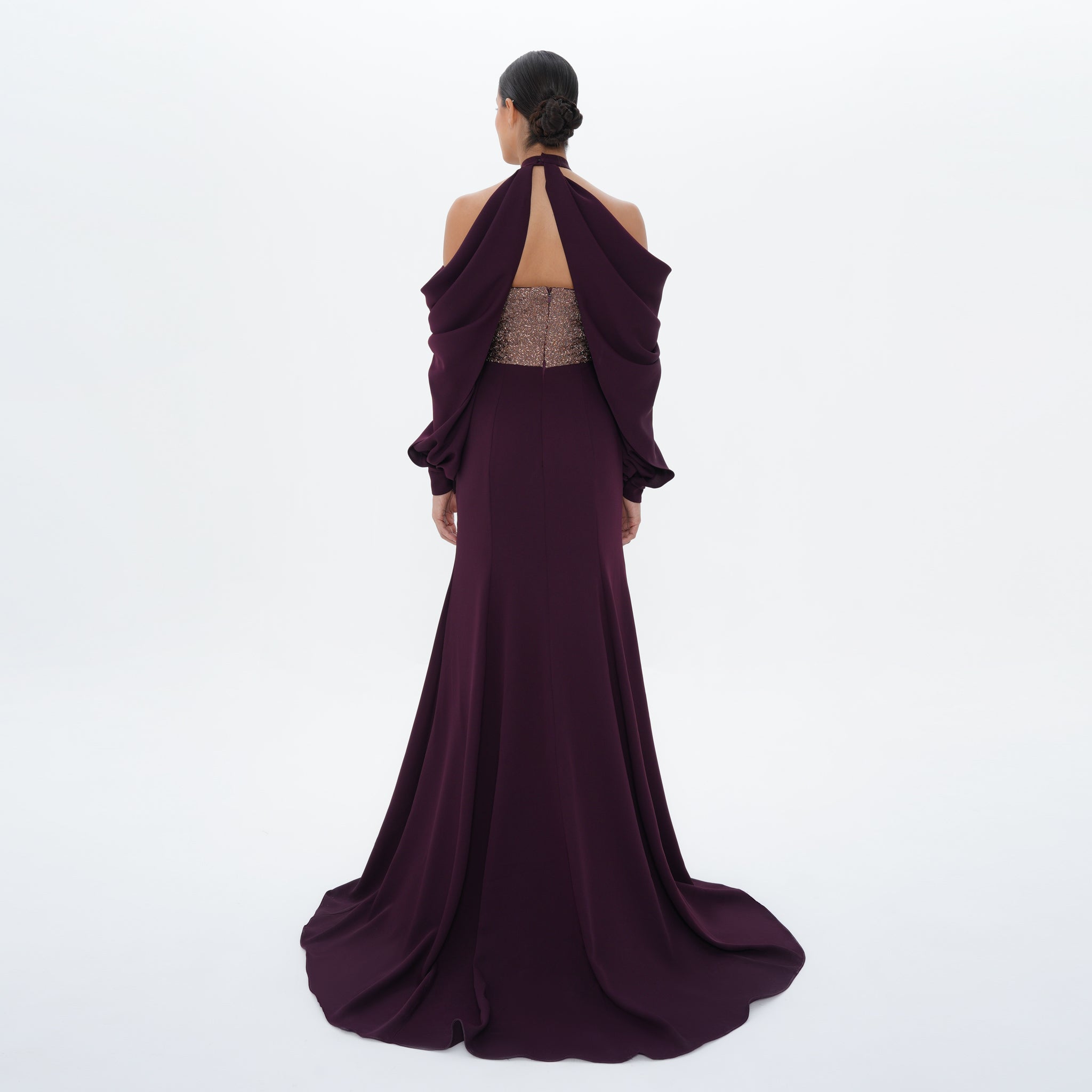 Vesper Plum Draped Halter Shimmer Bodice Gown, back view | Helen of Troy SS27 | Maison MOOEi