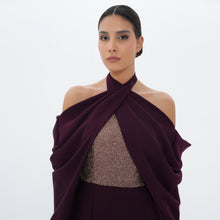 Vesper Plum Draped Halter Shimmer Bodice Gown, close up detail | Helen of Troy SS27 | Maison MOOEi