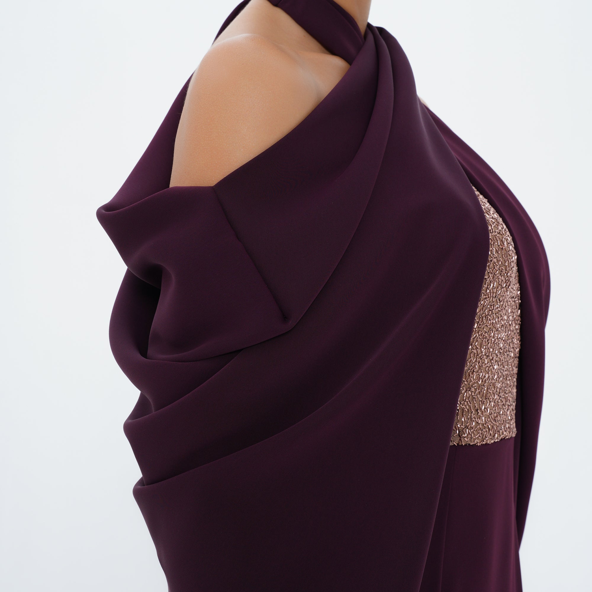 Vesper Plum Draped Halter Shimmer Bodice Gown, close up detail | Helen of Troy SS27 | Maison MOOEi