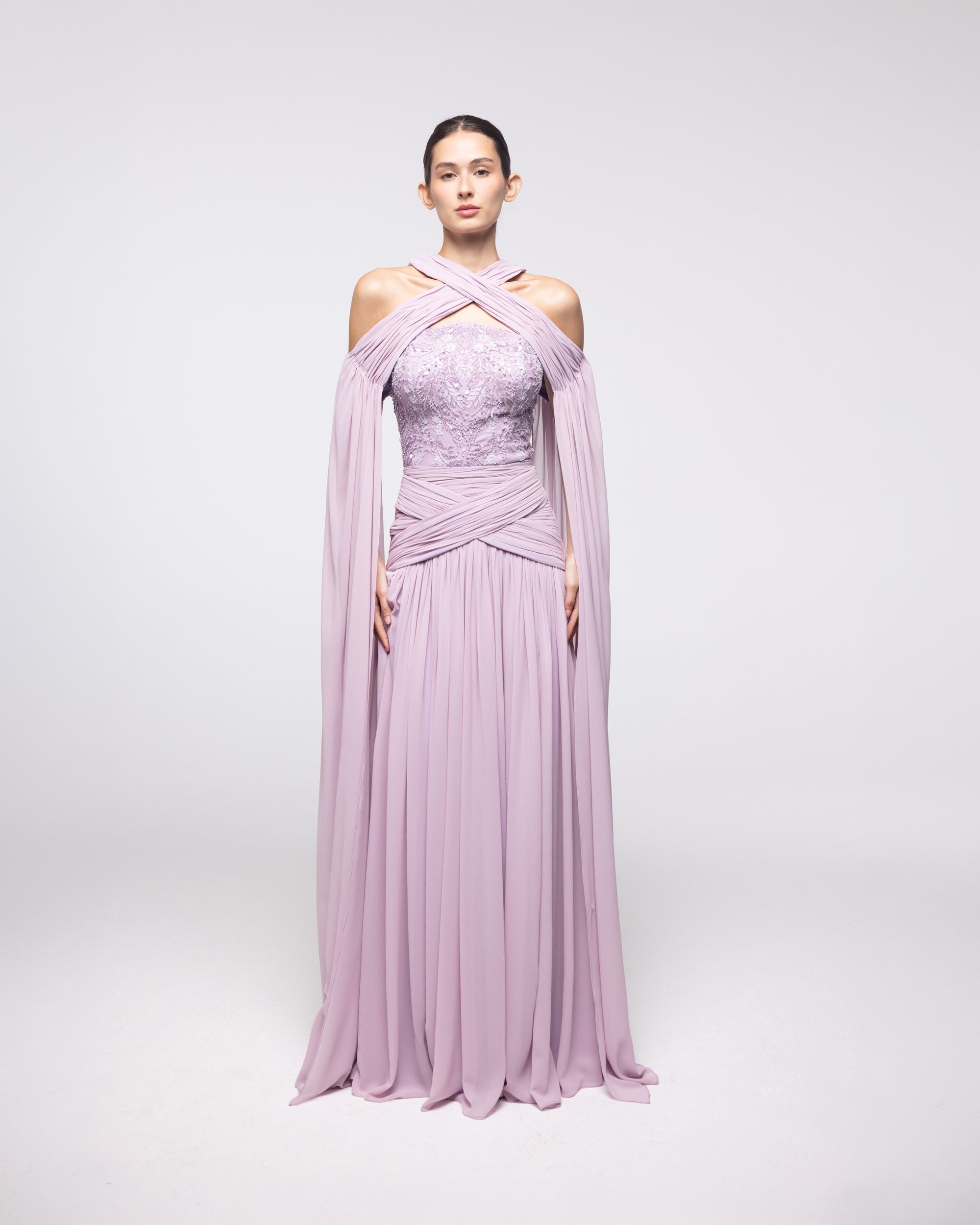Ariadne Lavender Chiffon Halter Cape Gown, front view | Helen of Troy SS27 | Maison MOOEi