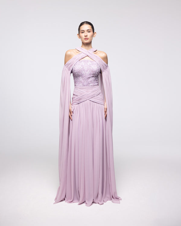Ariadne Lavender Chiffon Halter Cape Gown, front view | Helen of Troy SS27 | Maison MOOEi