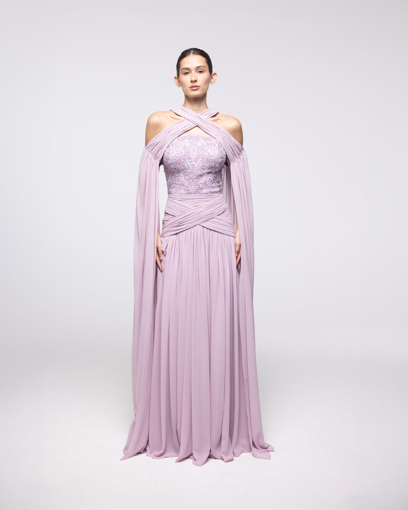 Ariadne Lavender Chiffon Halter Cape Gown, front view | Helen of Troy SS27 | Maison MOOEi