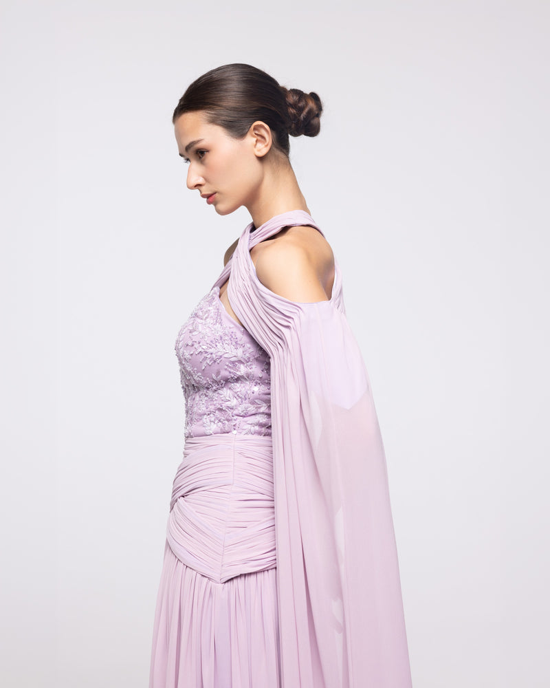 Ariadne Lavender Chiffon Halter Cape Gown, side view | Helen of Troy SS27 | Maison MOOEi