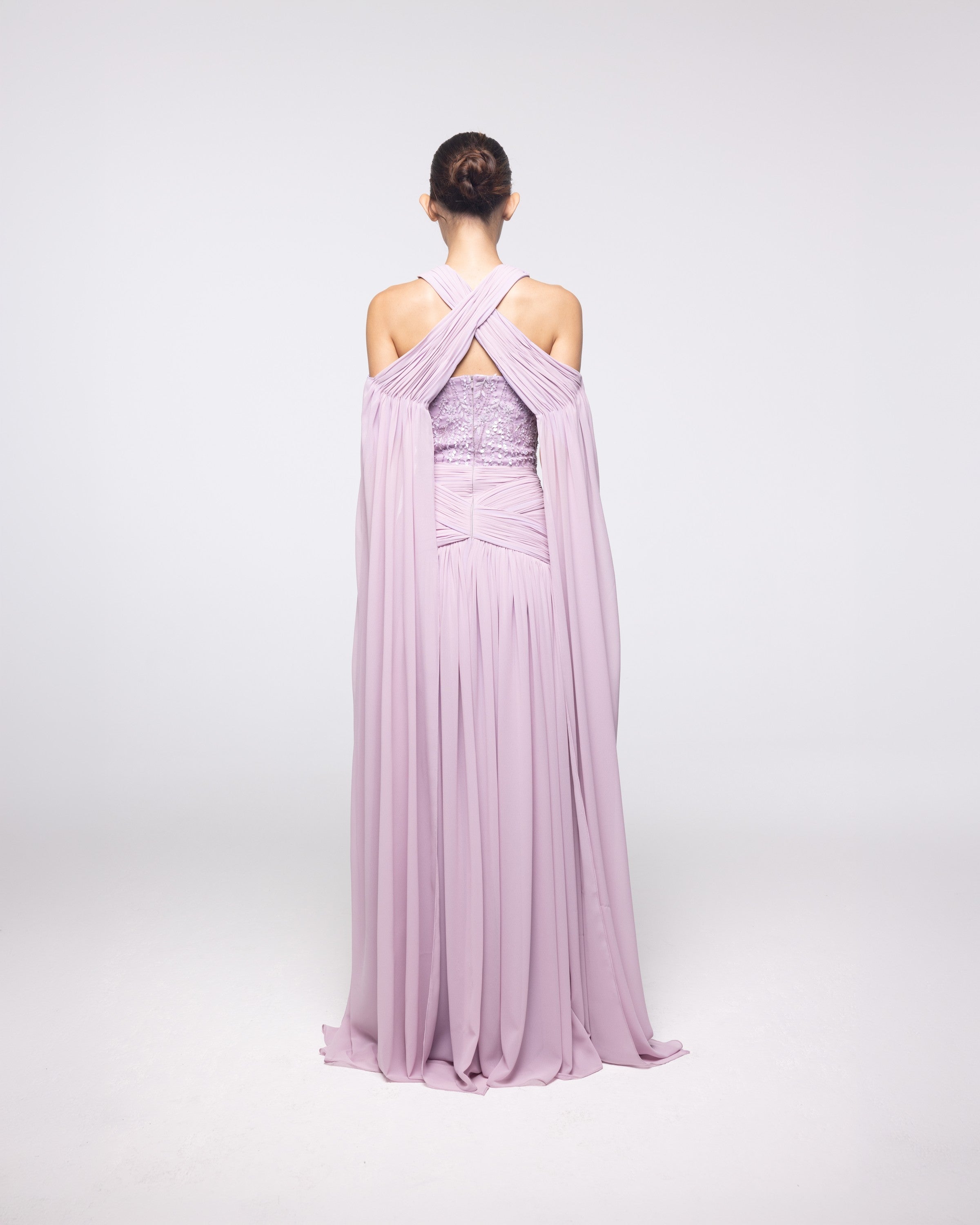 Ariadne Lavender Chiffon Halter Cape Gown, back view | Helen of Troy SS27 | Maison MOOEi