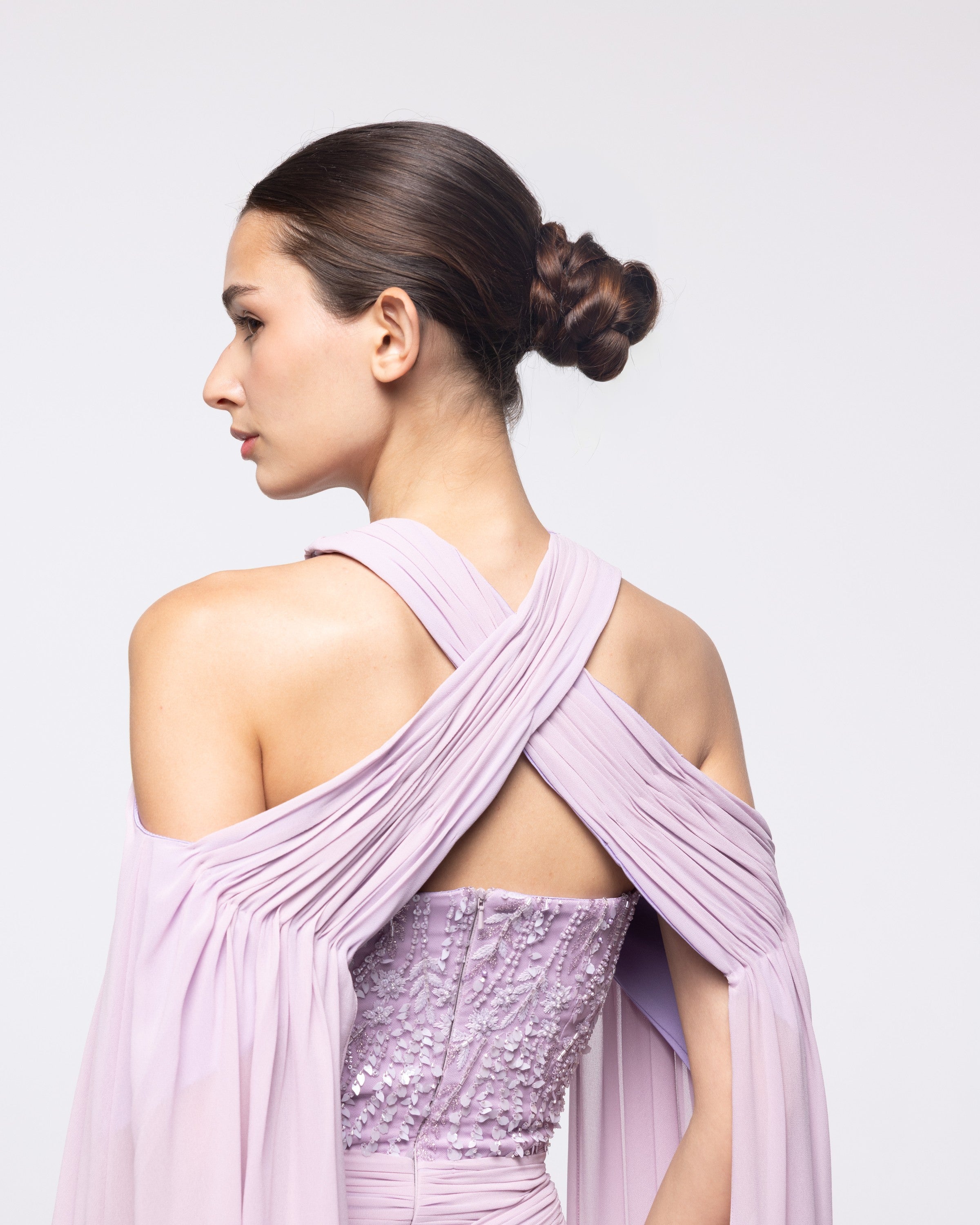 Ariadne Lavender Chiffon Halter Cape Gown, close up detail | Helen of Troy SS27 | Maison MOOEi