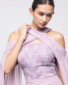 Ariadne Lavender Chiffon Halter Cape Gown, close up detail | Helen of Troy SS27 | Maison MOOEi