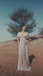 Lara Dress in baby pink, featuring gathered detailing and embellished trims, perfect for high-end fashion evening wear.