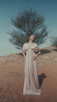 Lara Dress in baby pink, featuring gathered detailing and embellished trims, perfect for high-end fashion evening wear.