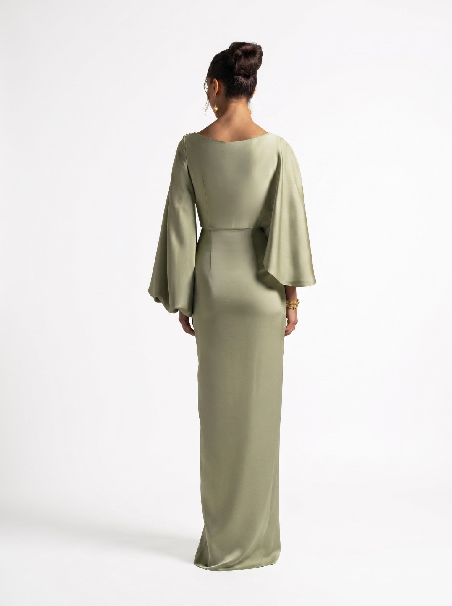 Renee Pistachio Draped Long Sleeve Embellished Gown