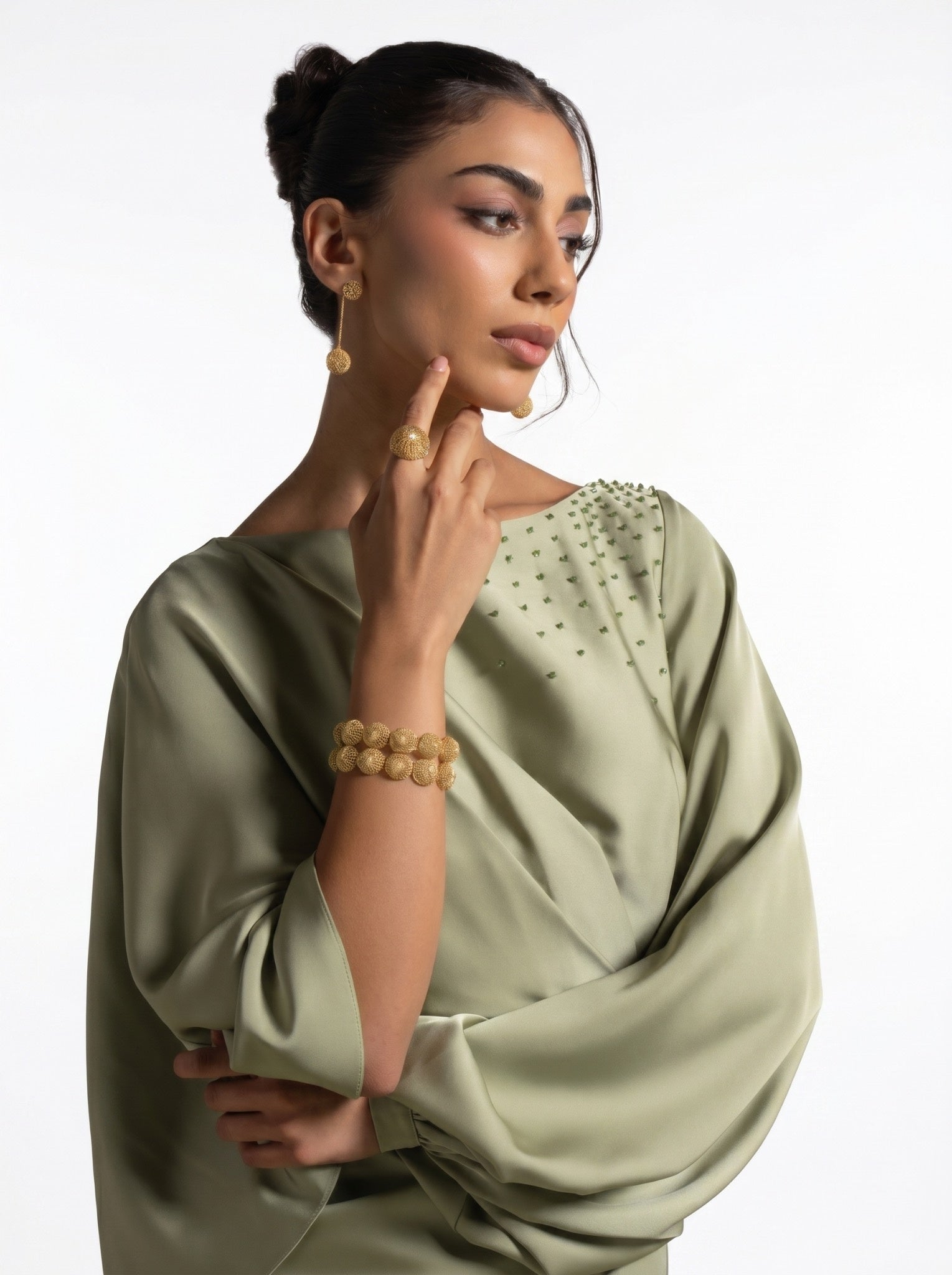 Renee Pistachio Draped Long Sleeve Embellished Gown