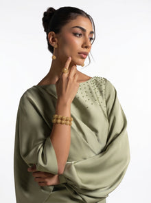 Renee Pistachio Draped Long Sleeve Embellished Gown