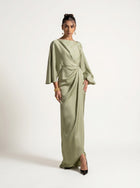 Renee Pistachio Draped Long Sleeve Embellished Gown