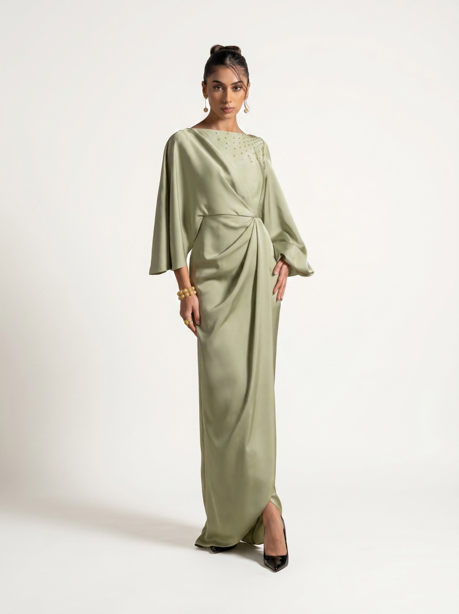 Renee Pistachio Draped Long Sleeve Embellished Gown