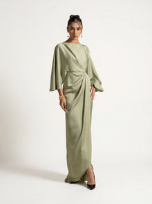 Renee Pistachio Draped Long Sleeve Embellished Gown