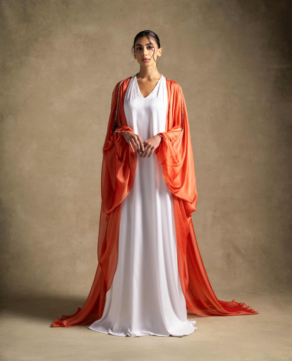 Laila Set featuring off-white Zenobia gown with burnt orange organza abaya overlay, perfect for luxury evening wear.