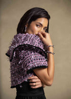 Zyra Set elegant tweed jacket with stylish details, perfect for high-end fashion and luxury evening wear for women.