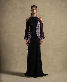 Luna Set black gown from Zarina Collection, featuring cold-shoulder cut and sheer sleeves, perfect for luxury evening wear.