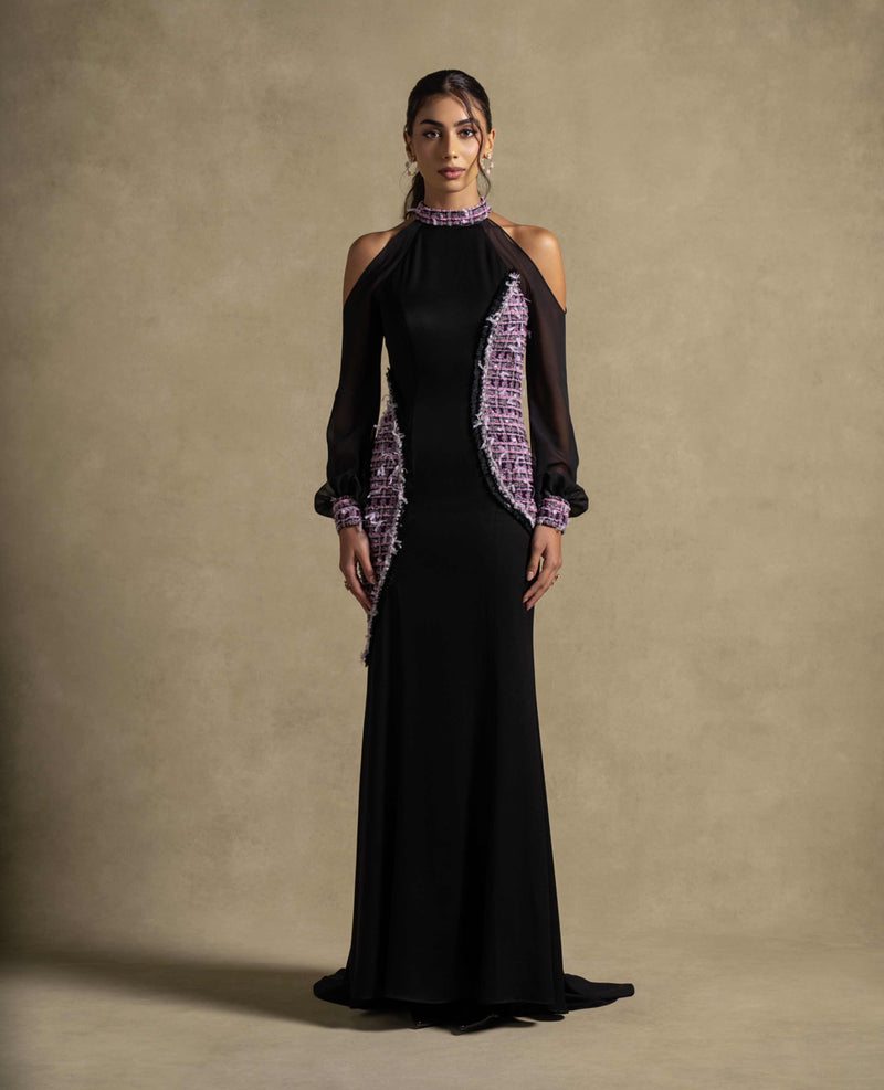 Luna Set black gown from Zarina Collection, featuring cold-shoulder cut and sheer sleeves, perfect for luxury evening wear.