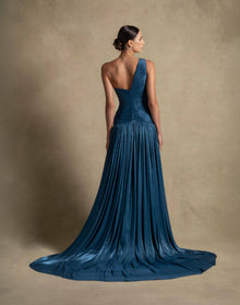 Layali Dress in turquoise from Zarina Couture, featuring a one-shoulder design and flowing train, ideal for luxury evening wear.