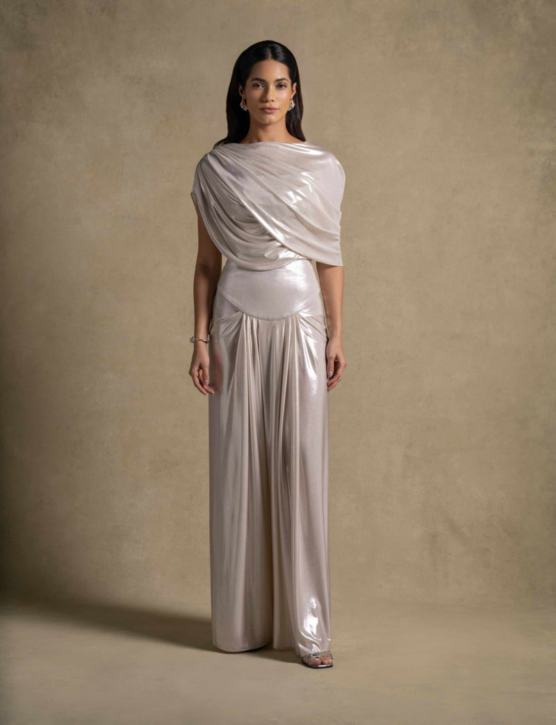 Amalia Set in fluid draped silver fabric, showcasing luxury evening wear for high-end fashion events.