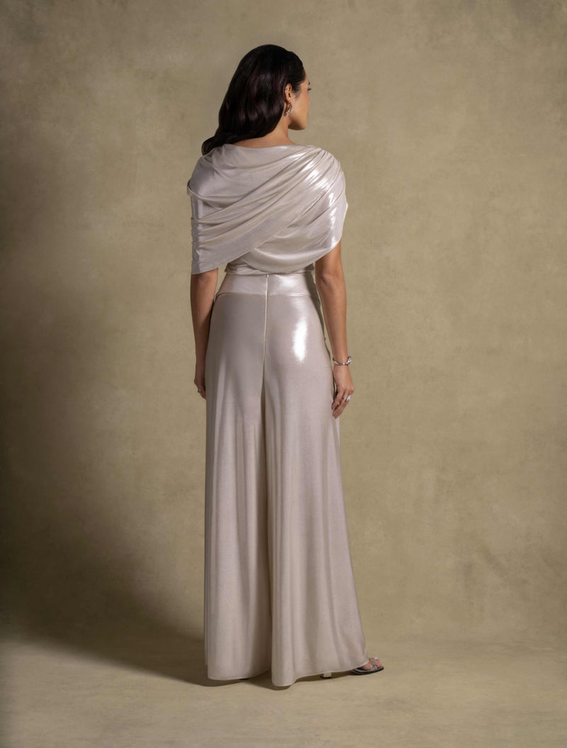 Amalia Set elegant silver gown back view, fluid draped fabric perfect for luxury evening wear and high-end fashion.