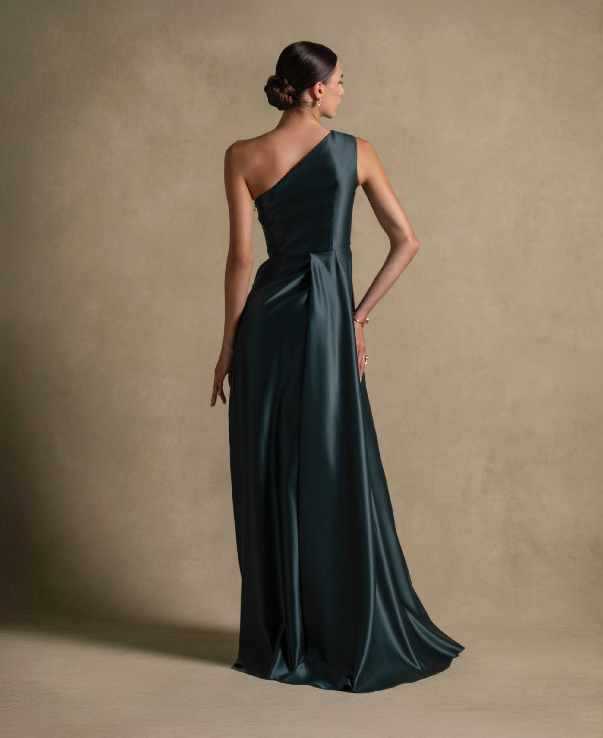 Blanche Set elegant one-shoulder emerald green gown from the Zarina Collection, perfect for luxury evening wear.