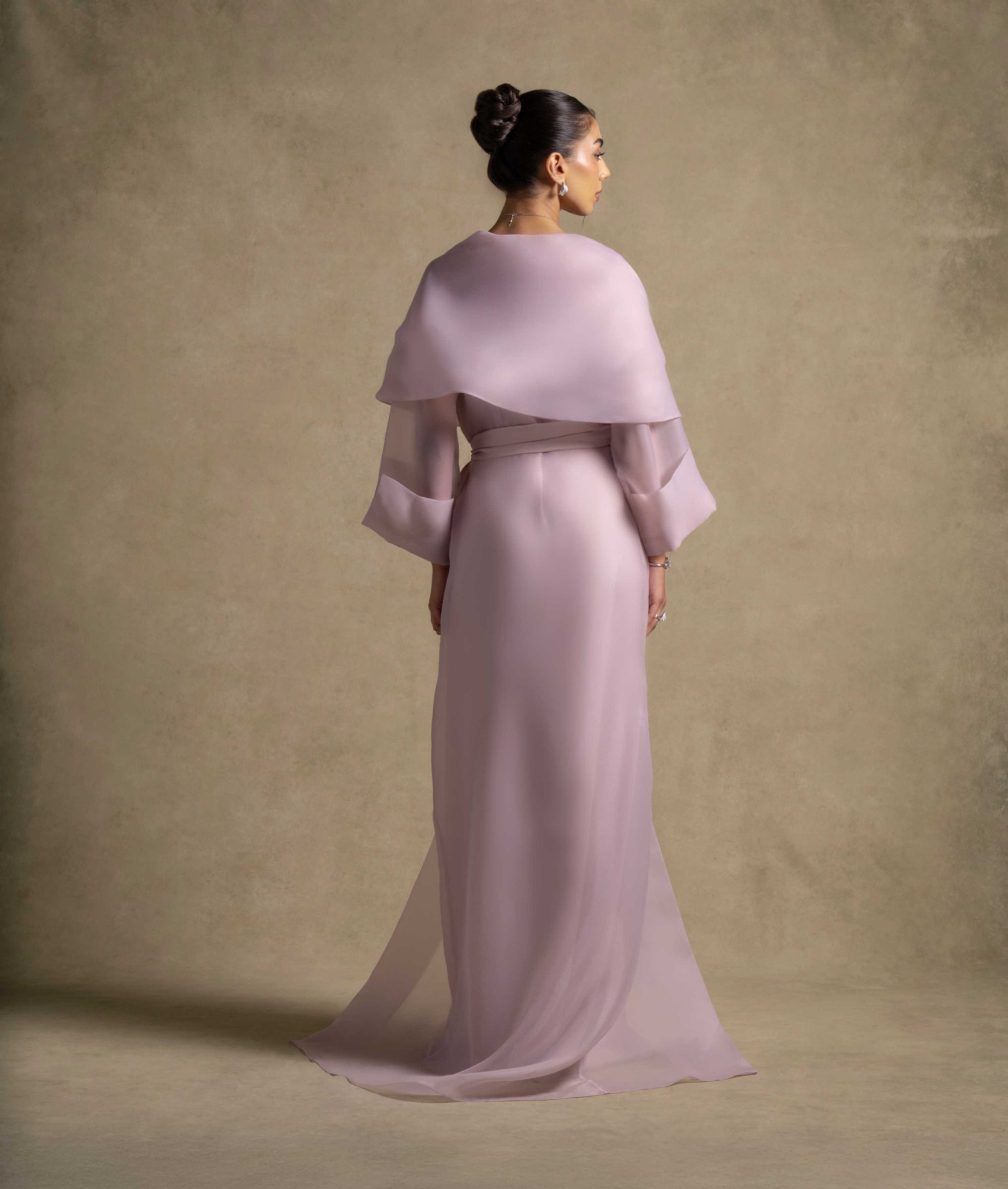 Isis Set, luxury pink quartz dress with sheer organza overlay, perfect evening wear for high-end fashion events.