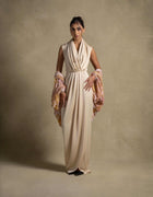 Selene Set elegant maxi dress in soft beige with a textured cape, ideal for high-end evening wear and luxury fashion.